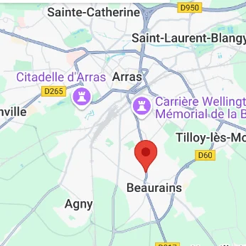 Toilettage ARRAS - Beaurains Carte d'Arras avec localisation de Beauraains marquée en rouge.
